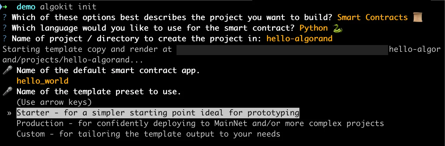 AlgoKit Init: Select template preset